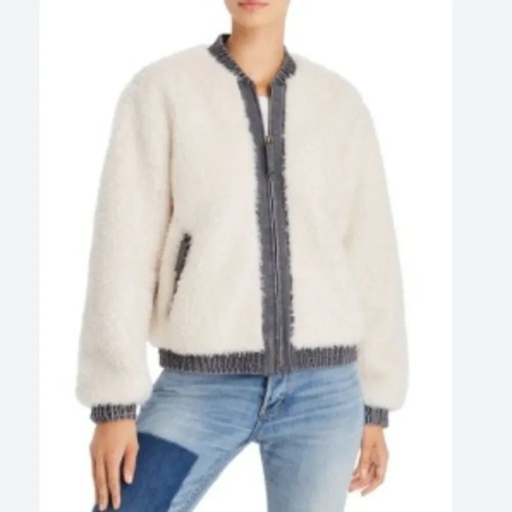La Vie Rebecca Taylor Beige Teddy Bomber Jacket Faux Fur Denim in Size Unknown